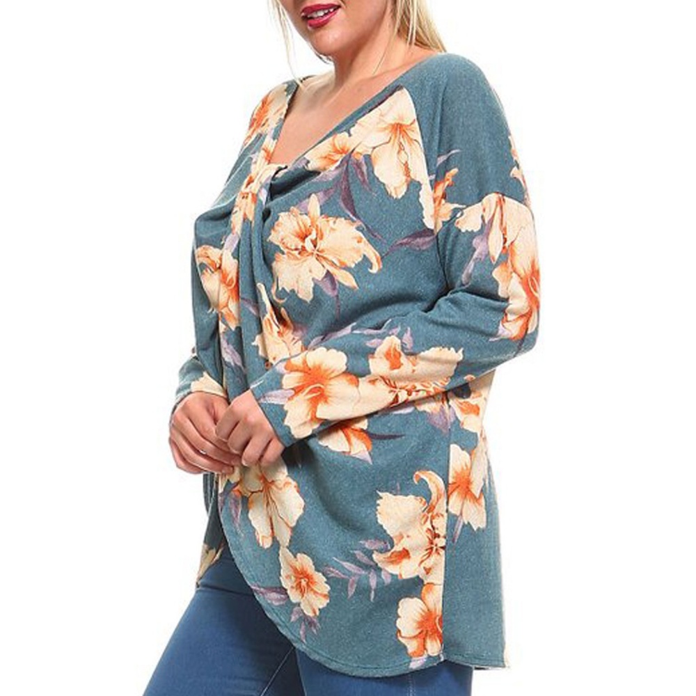 Teal Floral Knot-Front V-Neck Tunic Small - Picture 4 of 7